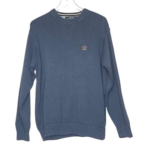 Tommy Hilfiger Sweater Mens Large Blue‎ Crewneck 100% Cotton Crest Ribbed Hem - Picture 1 of 9